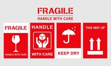 Vector Illustration Of Fragile, Handle With Care Or Package Label Stickers Set. Red And White Colour Set. Banner Format