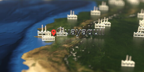 Wall Mural - Factory icons near Guayaquil city on the map, industrial production related 3D rendering
