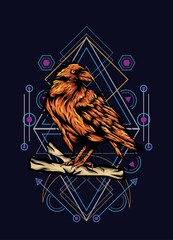 Raven bird crow illustration artwork with sacred geometry ornament