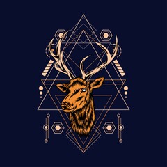 Deer head with sacred geometry pattern on black background-vector retro illustration