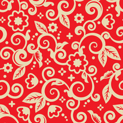 Wall Mural - Red and gold seamless floral pattern for backgrounds, wallpapers, prints, wrapping papers, etc., with scrolls and swirls and abstract flowers
