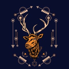 Wall Mural - Deer head with sacred geometry pattern on black background-vector retro illustration