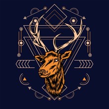 Deer Head With Sacred Geometry Pattern On Black Background-vector Retro Illustration