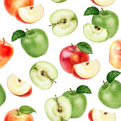 Wall Mural - Watercolor seamless pattern apples isolated on white.