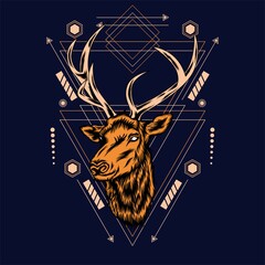 Deer head with sacred geometry pattern on black background-vector retro illustration