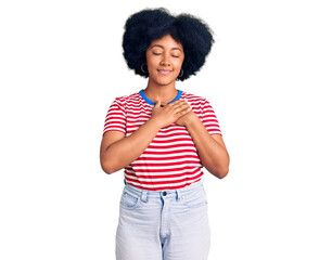 Poster - Young african american girl wearing casual clothes smiling with hands on chest with closed eyes and grateful gesture on face. health concept.