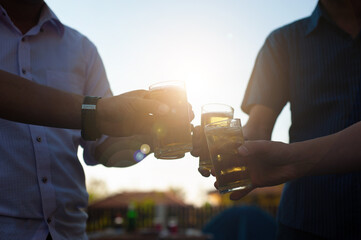 Cheers! A group of friends drinking beer at an outdoor party at home.