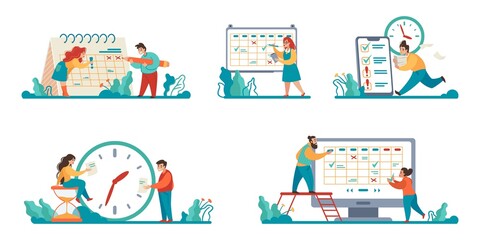 Poster - Planning schedule scenes. Cartoon people make timetables for day or month. Isolated cute men and women mark completed tasks in planner. Time management and workflow organization. Vector concepts set
