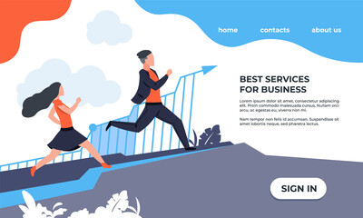 Aufkleber - Business landing page. Website interface design. Cartoon running people and symbol of finance indicators. Modern UI template with buttons and text. Web service for workflow organization, vector mockup