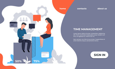 Aufkleber - Business landing page. Website UI template. Time management and workflow optimization. Web service for effective organization work processes. Colorful interface with text and buttons, vector mockup