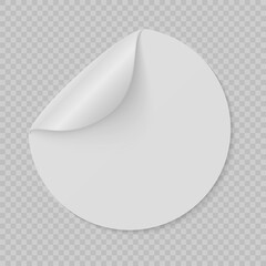 Poster - Round sticker. Curled page circle flipped paper page, sticky white information banner, empty promotional emblem mockup, advertise realistic blank vector isolated on transparent background illustration