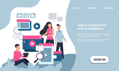 Aufkleber - Marketing landing page. Modern SEO and business analytics. Colorful website interface design with lettering and buttons. Development strategy for effective management web services, vector UI mockup