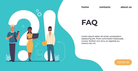 Aufkleber - FAQ landing page. People ask questions. Online support service. Advices and recommendations for solution problems. Website design, colorful interface with buttons and lettering, vector UI template