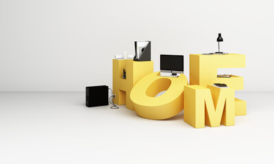 Poster - Working equipment and computor It is surrounded on the letters WOKR FORM HOME in yellow tones. 3d rendering