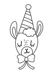 Poster - Vector cute black and white llama face in party hat. Birthday outline animal avatar. Funny alpaca head illustration for kids. Celebration line icon.