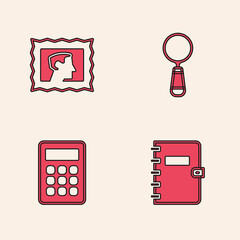 Sticker - Set Spiral notebook, Postal stamp, Magnifying glass and Calculator icon. Vector.