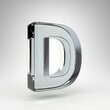 Letter D uppercase on white background. Camera lens transparent glass 3D rendered font with dispersion.