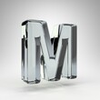 Letter M uppercase on white background. Camera lens transparent glass 3D rendered font with dispersion.
