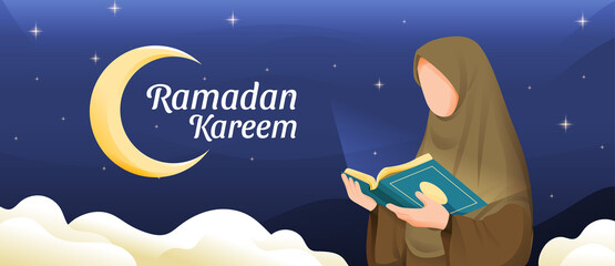 Wall Mural - Muslim Woman Reading Koran or Qur'an in Ramadan Kareem Holy Month with Crescent Moon and Stars Illustration