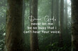 Prayer inspirational quote - Dear God, never let me be so busy that i cannot hear your voice. Believe in God, relationship with God concept with words sign on foggy background of fog in the woods.