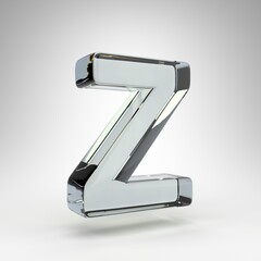 Letter Z uppercase on white background. Camera lens transparent glass 3D rendered font with dispersion.