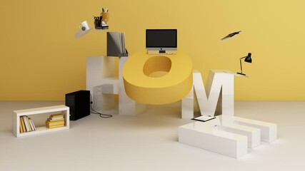 Poster - Working equipment and computer It is surrounded on the letters WOKR FORM HOME in yellow tones. 3d rendering