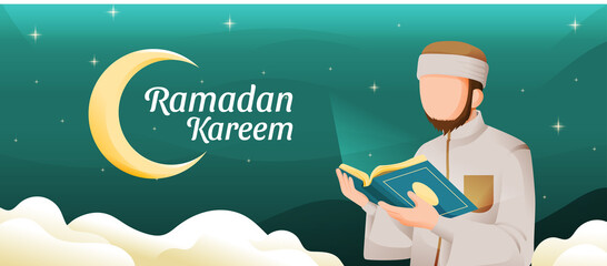 Wall Mural - Muslim Man Reading Koran or Qur'an in Ramadan Kareem Holy Month with Crescent Moon and Stars Illustration