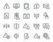 Warning icons set. Collection of linear simple web icons such as Exclamation Mark, Warning Sign, Security, Error, Attack, Stop, Notification and others. Editable vector stroke.