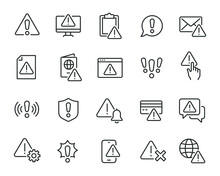 Warning Icons Set. Collection Of Linear Simple Web Icons Such As Exclamation Mark, Warning Sign, Security, Error, Attack, Stop, Notification And Others. Editable Vector Stroke.