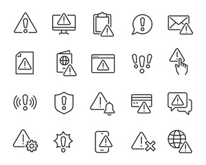 warning icons set. collection of linear simple web icons such as exclamation mark, warning sign, sec