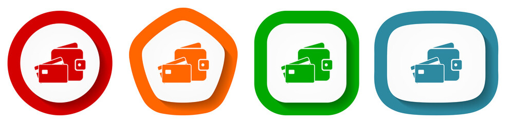 Leinwandbilder - Wallet and credit cards, business vector icon set, flat design buttons on white background