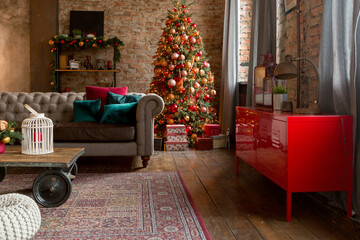 unusual dark interior of the living room in the loft style is decorated with a Christmas tree