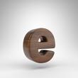 Letter E lowercase on white background. Dark oak 3D rendered font with brown wood texture.