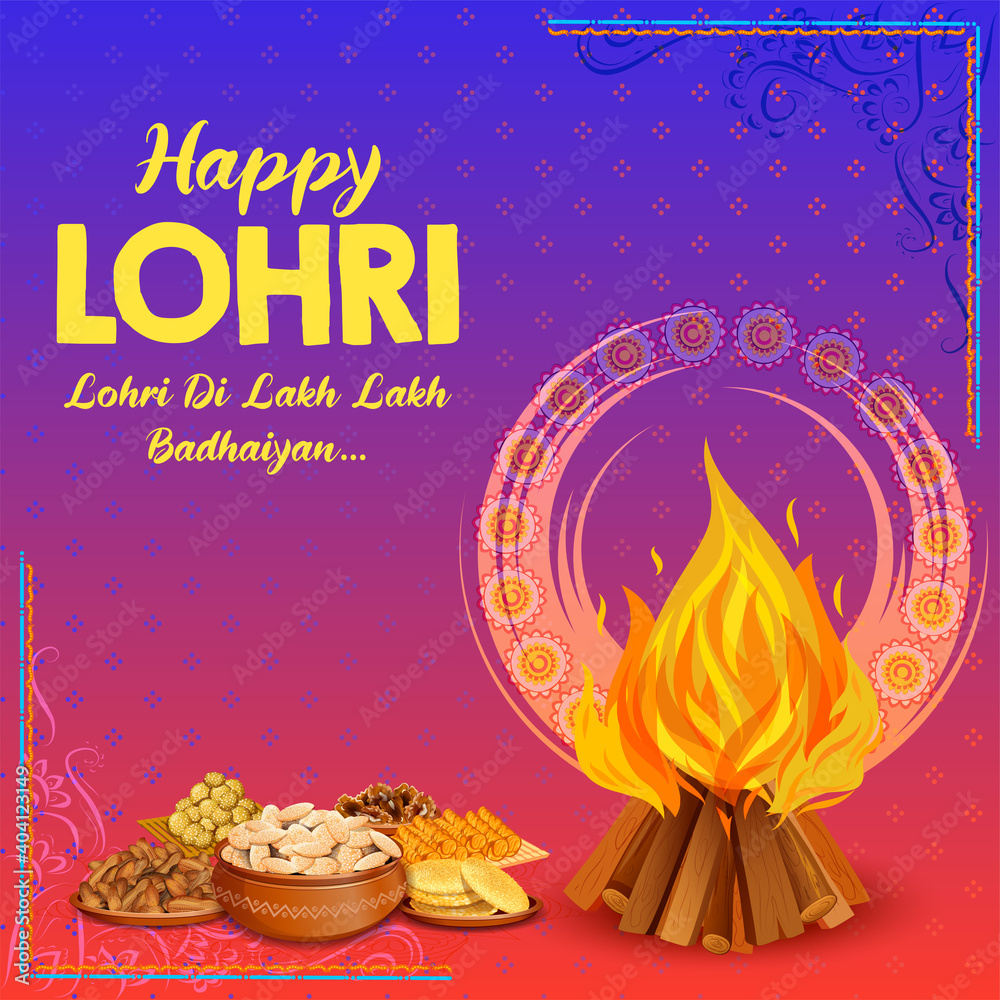 illustration of Happy Lohri holiday background for Punjabi festival - obrazy, fototapety, plakaty 