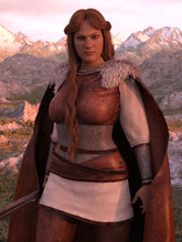 A 3d Digital Render Of A Female Viking Warrior At Sunrise In The Mountains.