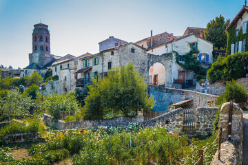 view of the cute village of Lavaudieu in Auvergne, France