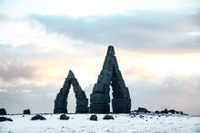 Panorama Winter View Of Monument Arches Basalt Blocks Art Stone Construction Arctic Henge In Raufarhofn North Iceland