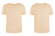 Men's beige blank T-shirt template,from two sides, natural shape on invisible mannequin, for your design mockup for print, isolated on white background..