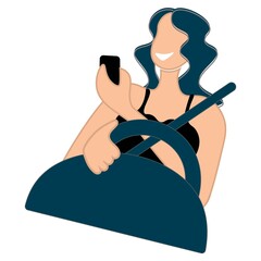 Poster - A girl speaking to a cell phone while driving a car, concept of danger driving, Vector illustration in flat style.