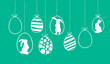 Happy Easter. Easter card with hanging garland with easter eggs and rabbit. Vector illustration.