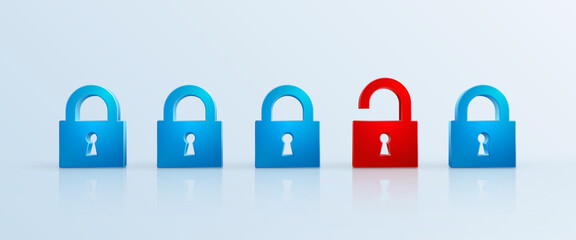 Poster - an unlocked padlock between locked padlocks is the separate element. different element that stands o