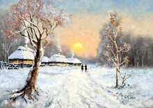 Oil Paintings Rural Landscape, Winter Landscape With Trees, Old Village. Fine Art