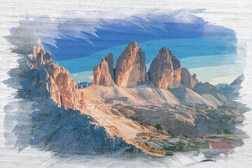 Sticker - Tre Cime and mountain shelter Dreizinnen hut, Dolomites, watercolor painting