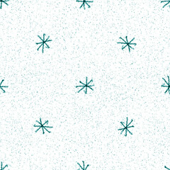 Wall Mural - Hand Drawn blue Snowflakes Christmas Seamless Pattern. Subtle Flying Snow Flakes on white Background. Cute chalk handdrawn snow overlay. Bizarre holiday season decoration.