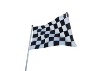 Checkered Flag Old Condition On Flagpole The Concept Of Flags Are Waving And Moving.which Isolated On A White Background