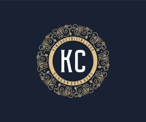 Wall Mural - Initial KC Antique retro luxury victorian calligraphic emblem logo with ornamental frame.