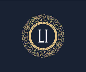 Initial LI Antique retro luxury victorian calligraphic emblem logo with ornamental frame.