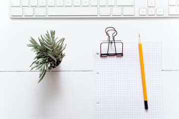 Wall Mural - white office table, computer keyboard and little lavender plant, note papers, pencil