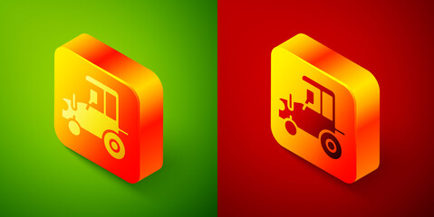 Sticker - Isometric Tractor icon isolated on green and red background. Square button. Vector.