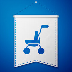 Sticker - Blue Baby stroller icon isolated on blue background. Baby carriage, buggy, pram, stroller, wheel. White pennant template. Vector.